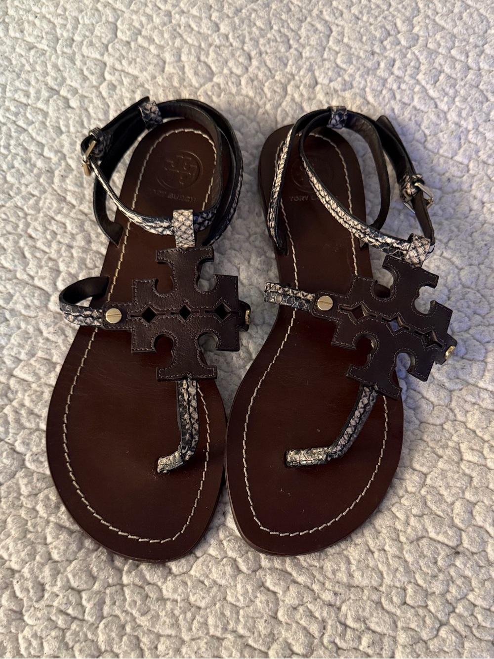 Tory Burch Brown Leather Logo Thong Sandals with Snake-Print Straps